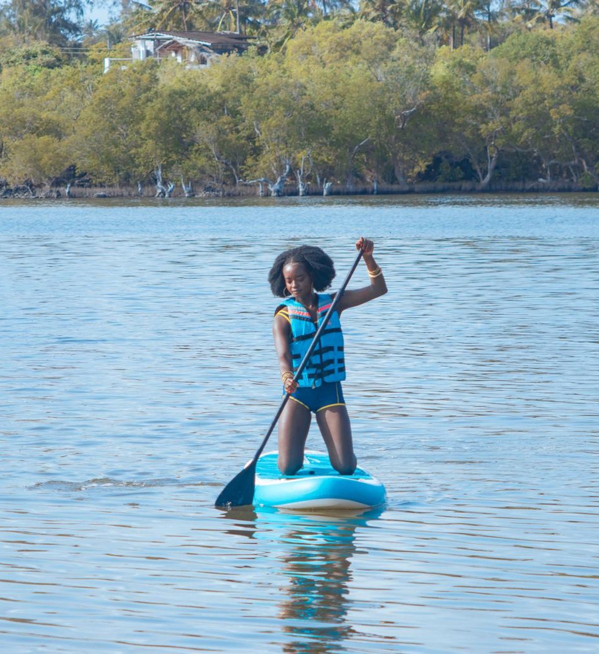 a paddle boarder paddling at dawn
